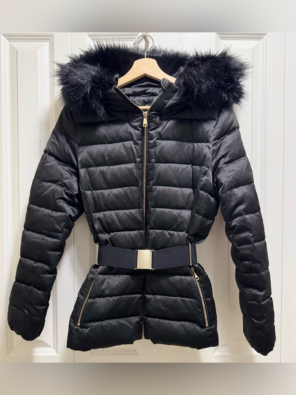 Esprit Belted Quilted Puffer Jacket with Faux Fur Hood - Black
